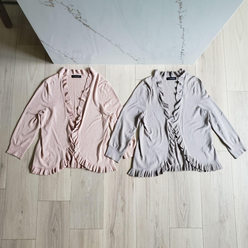 Ivanka Trump Cardigan Sweater Womens M Neutral Ruffle Open Front Knit Lot 2